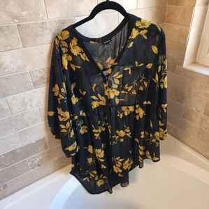 Black and Yellow Floral Chiffon Babydoll Tunic